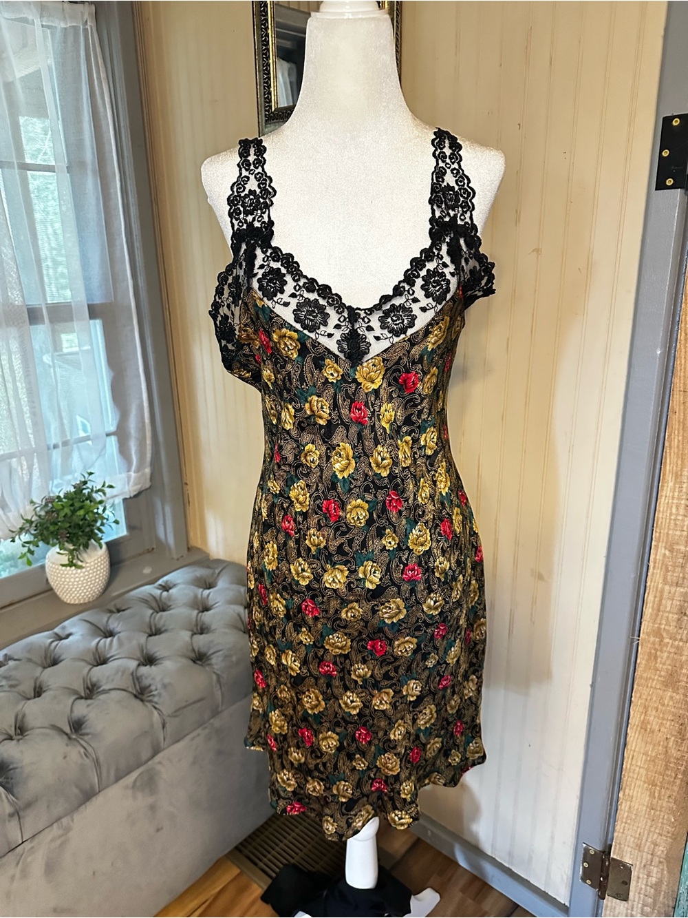 Vintage Y2K Silkscreen 100% Silk Floral Lace Chemise Slip Dress Lingerie Large